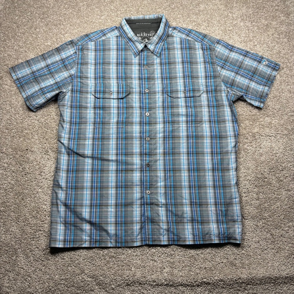 Kuhl Eluxor Mens XL Blue Plaid Short Sleeve Button Up Hiking Shirt Polyester